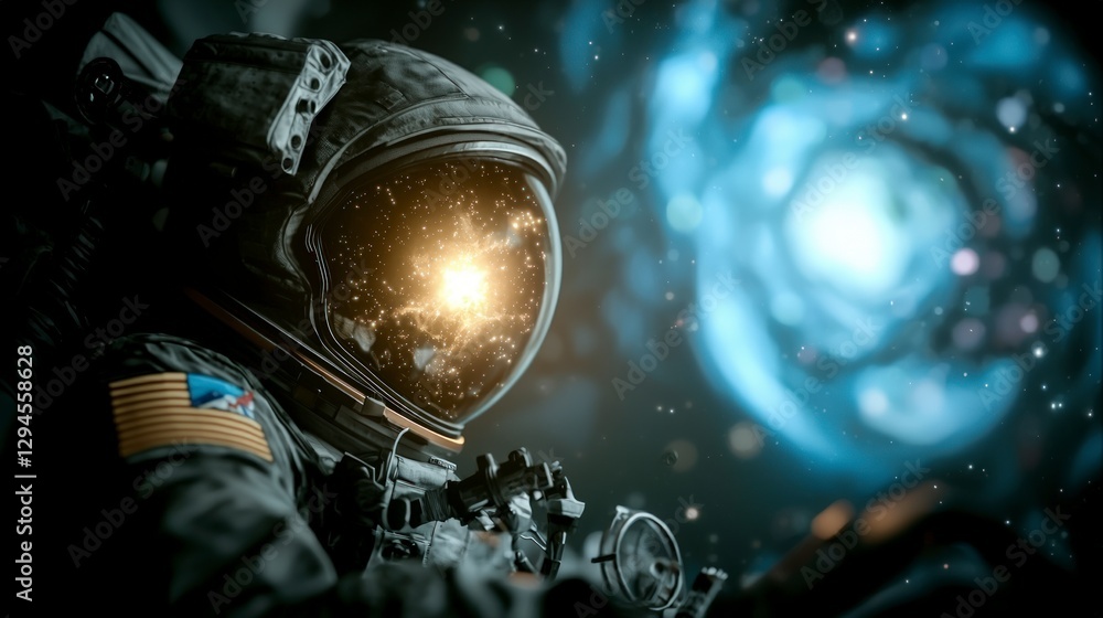 Fototapeta premium Astronaut in Space Nebula Background Cosmic Exploration Galaxy View
