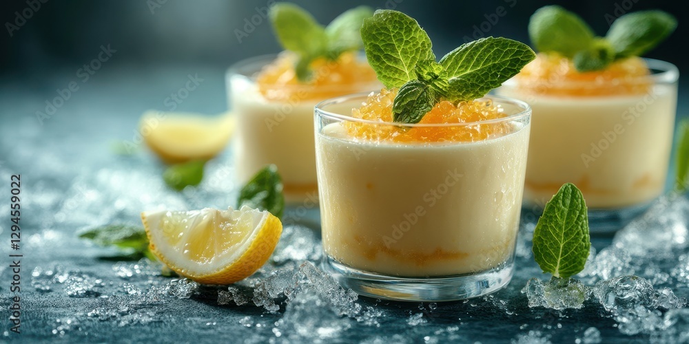 Fototapeta premium Refreshing lemon desserts served in elegant glasses with mint garnish and ice on a serene table