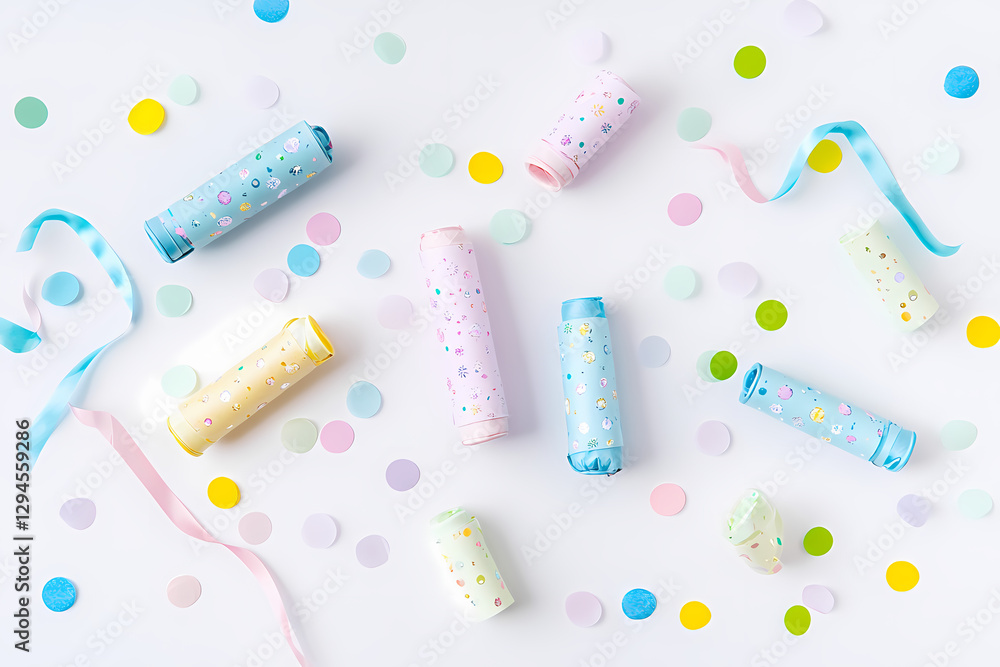 a party popper with colorful ribbons and confetti on a white background a party popper with colorful ribbons and confetti on a white background