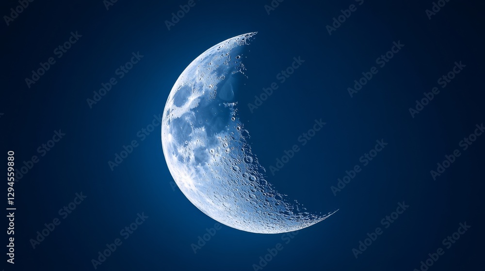 A luminous crescent moon against a deep blue sky, showcasing detailed craters and a serene, mystical ambiance. A luminous crescent moon against a deep blue sky, showcasing detailed craters and a serene, mystical ambiance.