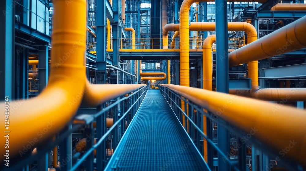 Naklejka premium Industrial maze of bold yellow pipes creating a complex, futuristic pattern with a vibrant color contrast in a sprawling factory setting.