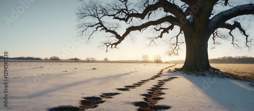 Landscape with old oak tree and path trail in snow covered field.