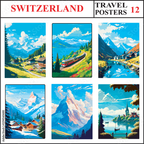 Switzerland Gstaad Rigi Queen of the Mountains Andermatt Travel Poster Wall Art Print Set Part 12