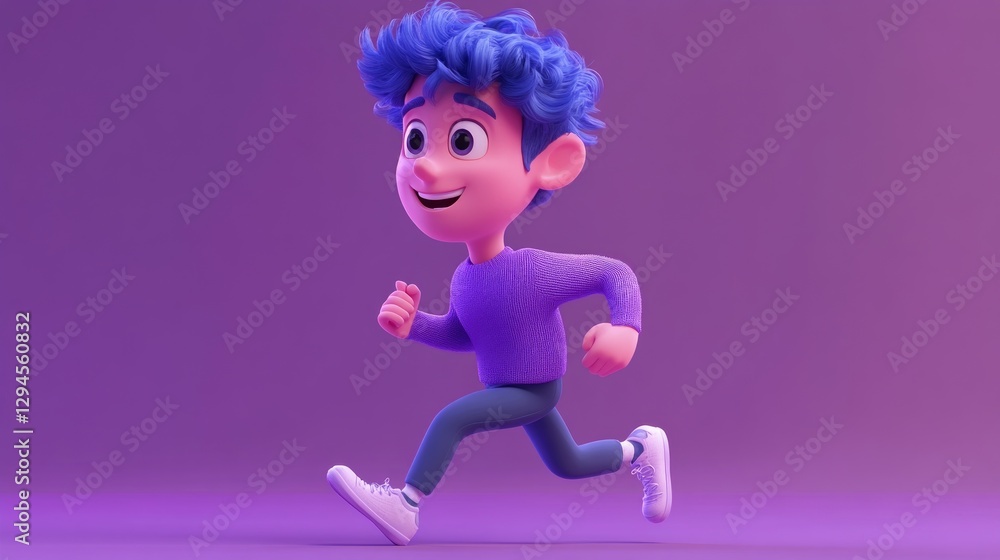 Fototapeta premium Cheerful Cartoon Character Running with Blue Hair on Purple Background