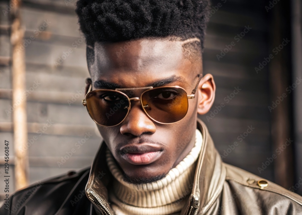 Fototapeta premium Captivating portrait of a young black man with hightop fade hairstyle wearing retro sunglasses in urban setting stylish fashion photography