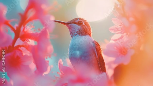 A hummingbird pauses amid intense pink and blue florals, enveloped in a dreamy, sunlit aura that enhances its delicate grace. photo