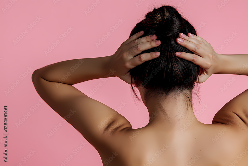 Fototapeta premium woman with a headache, holding her hands on the sides of her face and feeling pain, isolated over a pink background
