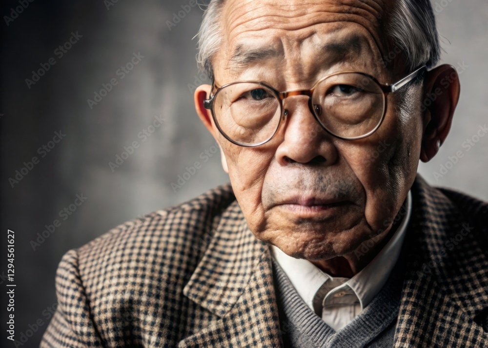 Capturing the essence of wisdom portrait of an elderly east asian man with deep wrinkles and round glasses in a tweed jacket studio setting Capturing the essence of wisdom portrait of an elderly east asian man with deep wrinkles and round glasses in a tweed jacket studio setting