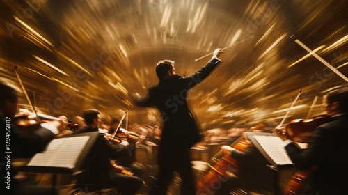 An energetic maestro conducts an orchestra, captured in motion with a golden blur, evoking the passion and excitement of a live performance. photo