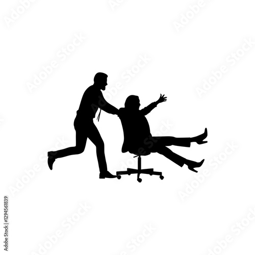 Another person is pushing a person sitting in an office chair. Vector.