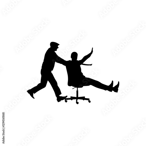 Another person is pushing a person sitting in an office chair. Vector.