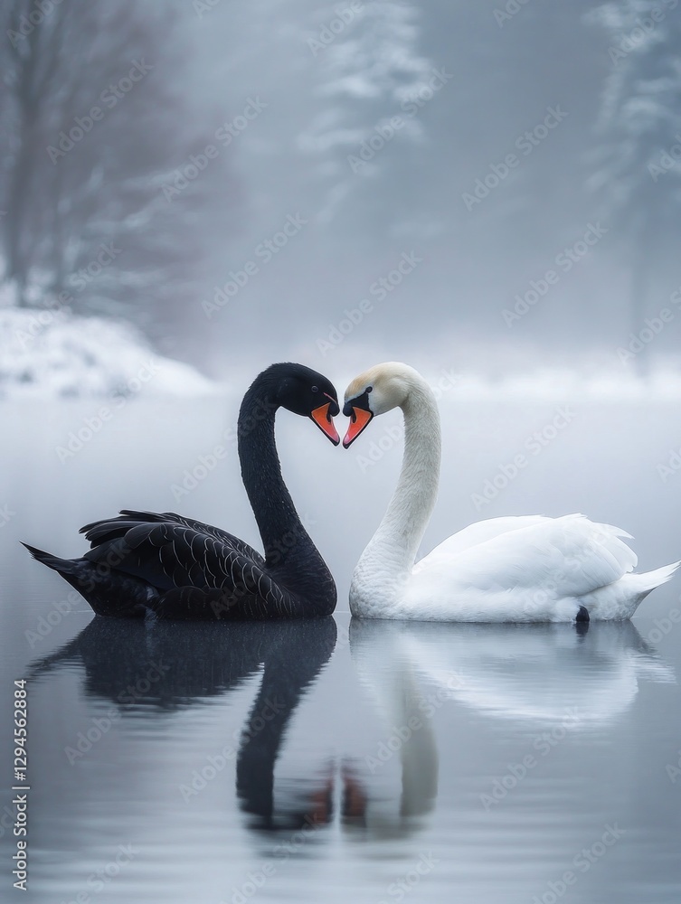 Fototapeta premium Black and White Swans Forming Heart Shape on Reflective Water Surface