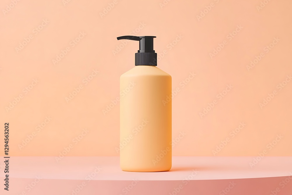 A peach-colored pump bottle on a pink background A peach-colored pump bottle on a pink background
