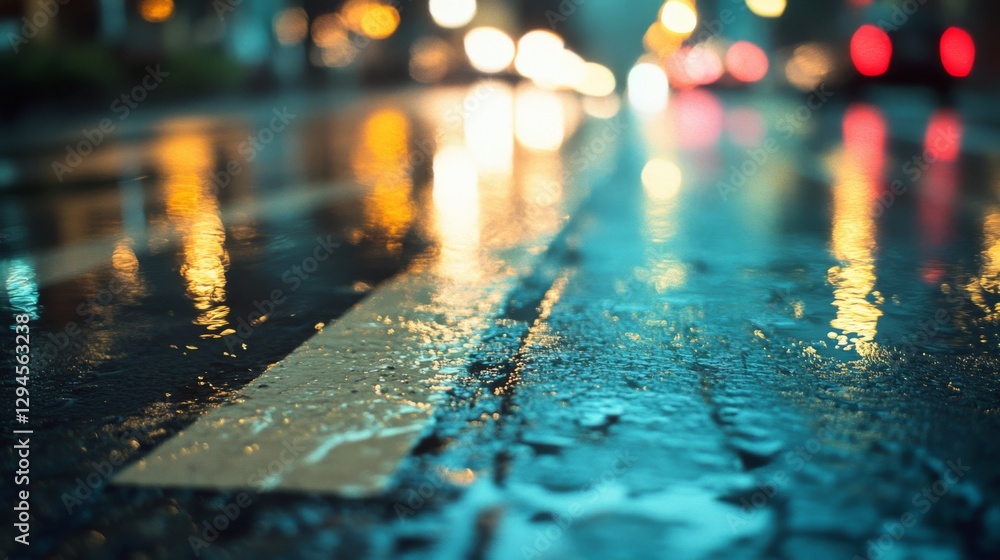 A close-up of a rain-soaked street reflecting colorful lights, capturing the essence of a rainy night in the city. A close-up of a rain-soaked street reflecting colorful lights, capturing the essence of a rainy night in the city.