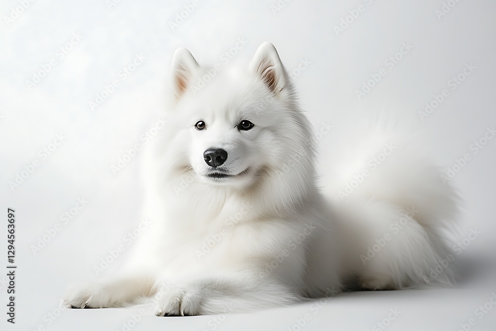 A beautiful white Samoyed dog lying on a white background A beautiful white Samoyed dog lying on a white background