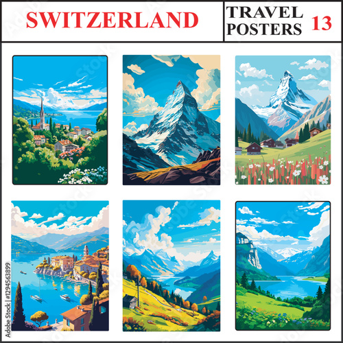 Switzerland Lake Zurich Matterhorn Matterhorn Travel Poster Wall Art Print Collection Set Part 13