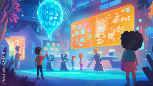 Kids learning programming and coding in the futuristic school classroom .