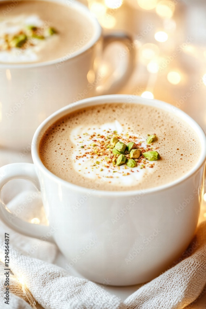 Warm drink with pistachio garnish enjoyed at a cozy cafe during a winter afternoon with soft lighting Warm drink with pistachio garnish enjoyed at a cozy cafe during a winter afternoon with soft lighting