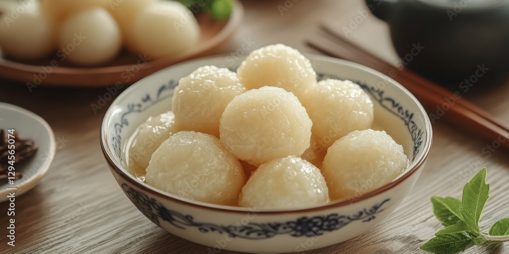 Delicious glutinous rice balls served in a traditional bowl at a cozy dining table in the evening Delicious glutinous rice balls served in a traditional bowl at a cozy dining table in the evening