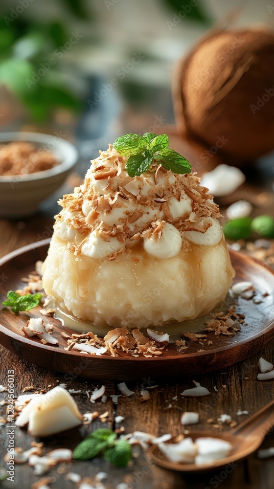 Delicious coconut dessert topped with shaved coconut and mint leaves on a rustic wooden table Delicious coconut dessert topped with shaved coconut and mint leaves on a rustic wooden table