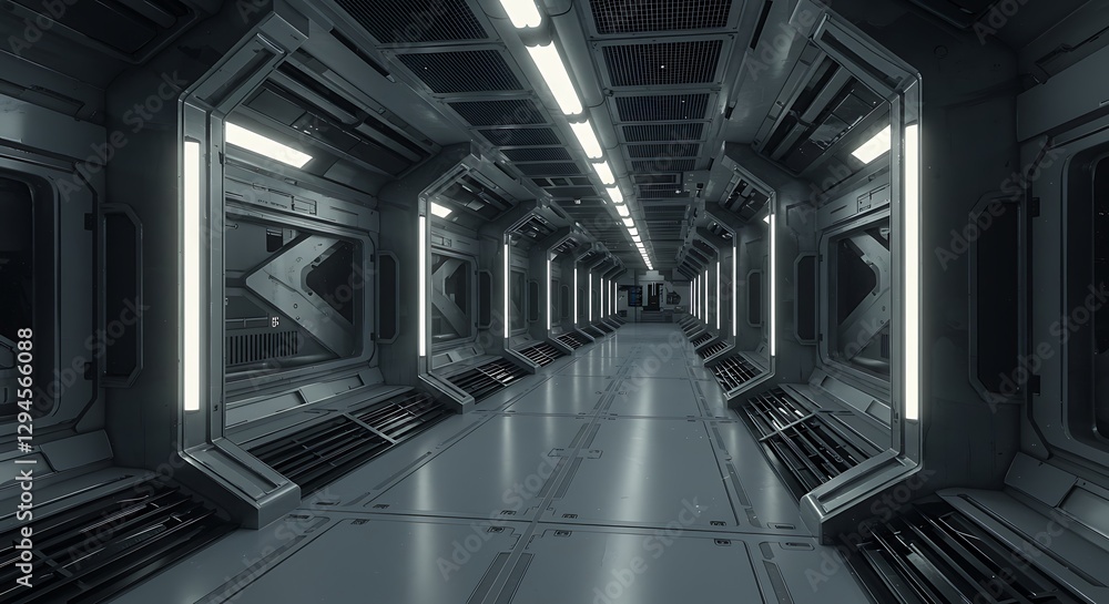 Fototapeta premium Exploring the Futuristic Spaceship Interior Corridor with Metallic Structure