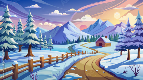 Winter country landscape with timber fence and snowy road