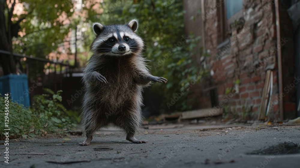 Curious raccoon standing in an alley with greenery in the background Curious raccoon standing in an alley with greenery in the background
