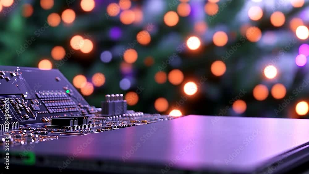 Close-up of a circuit board with colorful bokeh lights in the background during the festive season Close-up of a circuit board with colorful bokeh lights in the background during the festive season