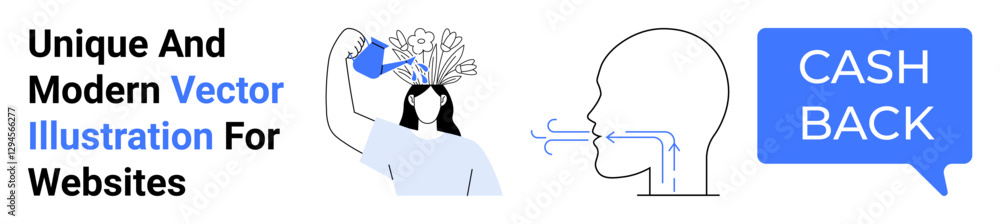 Woman watering flowers sprouting from head, air flow from human mouth, cashback speech bubble. Ideal for creativity, communication, finance, business, education, marketing flat landing page banner Woman watering flowers sprouting from head, air flow from human mouth, cashback speech bubble. Ideal for creativity, communication, finance, business, education, marketing flat landing page banner