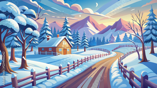 Winter country landscape with timber fence and snowy road