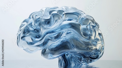 A blue glass sculpture of a human brain.