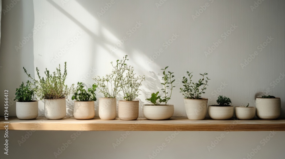 A row of small potted plants on a wooden shelf. A row of small potted plants on a wooden shelf.