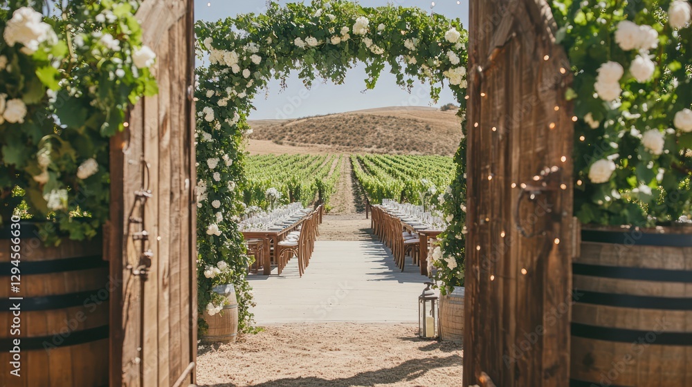 Elegant vineyard wedding setup with floral archway view Elegant vineyard wedding setup with floral archway view