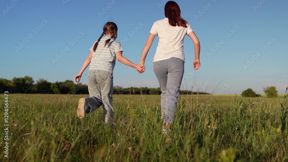Mother child daughter running walking field, happy Family day nature, mother child running Holding hand grass, Summer stroll meadow, Carefree moments countryside, mother child running Blue sky Mother child daughter running walking field, happy Family day nature, mother child running Holding hand grass, Summer stroll meadow, Carefree moments countryside, mother child running Blue sky