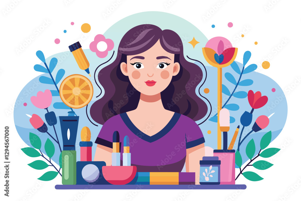A makeup artist showcases her creativity with colorful cosmetics and tools in a vibrant setting, Makeup artist Customizable Flat Illustration A makeup artist showcases her creativity with colorful cosmetics and tools in a vibrant setting, Makeup artist Customizable Flat Illustration