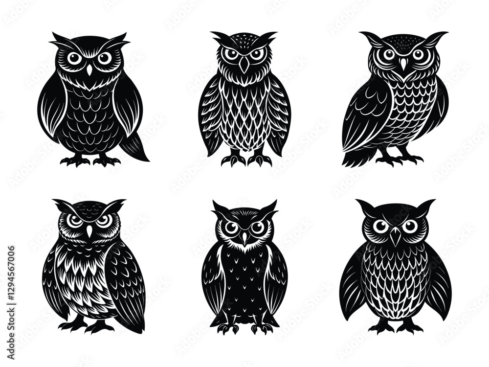 Set of owl face illustrations silhouette isolated on white background Set of owl face illustrations silhouette isolated on white background