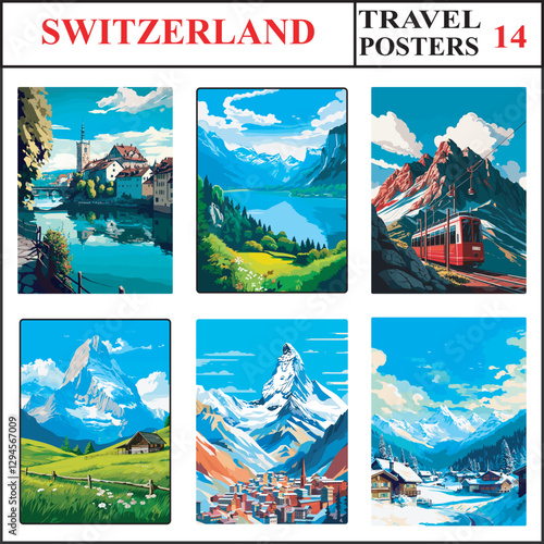 Switzerland Schaffhausen Walensee Lake Walen Pilatus Travel Poster Wall Art Print Collection Set 14