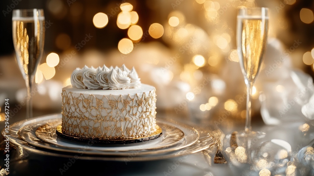 Elegant anniversary scene with cake and champagne glasses, sparkling golden bokeh lights create a festive mood Elegant anniversary scene with cake and champagne glasses, sparkling golden bokeh lights create a festive mood