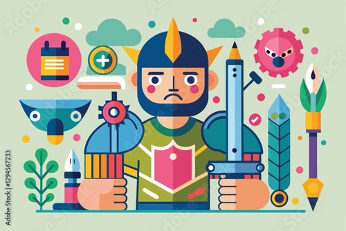 A colorful illustration depicts a knight with various weapons and artistic elements surrounding him, Making art Customizable Disproportionate Illustration