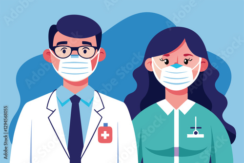 A male doctor and a female healthcare worker are both wearing medical masks and looking serious, Male doctor in medical mask and female nurse