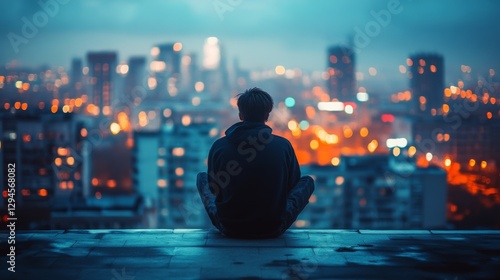 A lone figure gazes over a sprawling cityscape, illuminated by thousands of twinkling lights, under a dusky blue hue.