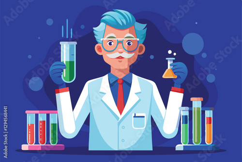 A male scientist in a lab coat holds various test tubes, showcasing colorful liquids during an experiment, Male scientist holds test tubes