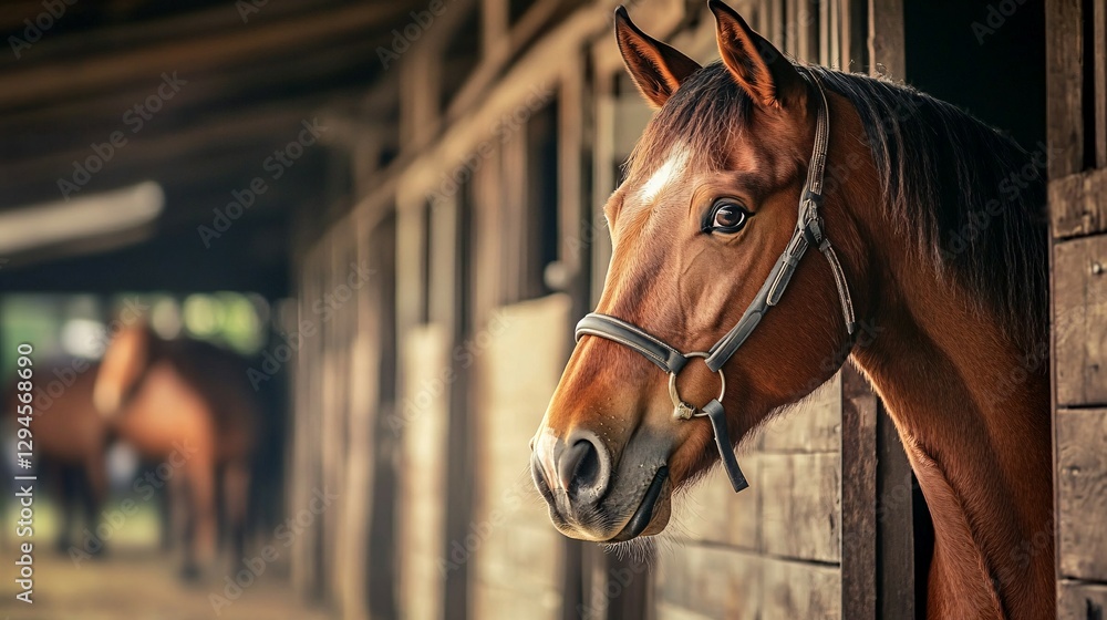 Fototapeta premium A brown horse peeks out from its wooden stable stall