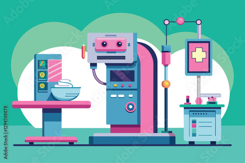 A cartoon depiction of mammography equipment featuring a machine, workstation, and related medical tools, Mammography Customizable Cartoon Illustration
