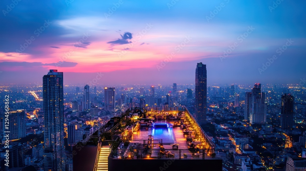 Obraz premium Rooftop Pool at Dusk Overlooking City Skyline