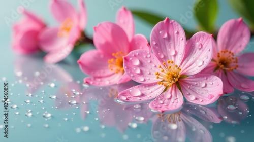 Delicate Pink Blossoms Glistening with Morning Dew Reflecting on a Serene Surface