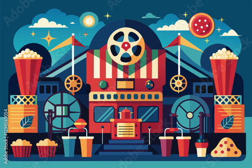 This colorful depiction features popcorn, drinks, and film reels representing the exciting film industry, Management film industry