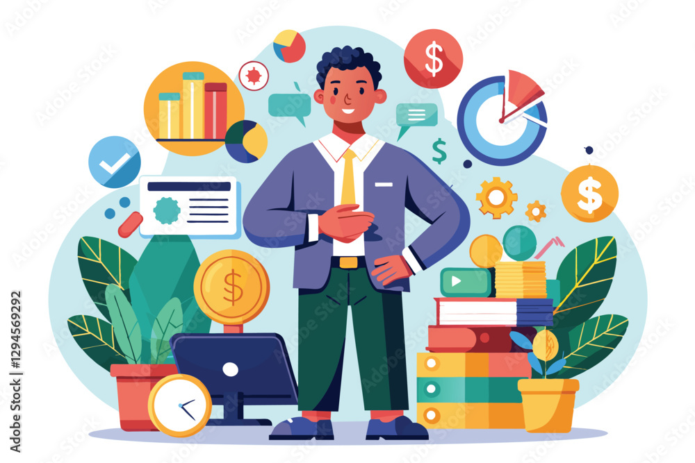 A young professional stands confidently among charts and plants, showcasing strong management skills, Manage money Customizable Disproportionate Illustration A young professional stands confidently among charts and plants, showcasing strong management skills, Manage money Customizable Disproportionate Illustration