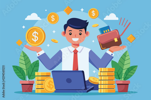 A cartoon character is happily managing money at a desk filled with coins and a wallet, surrounded by plants, Manage money Customizable Cartoon Illustration