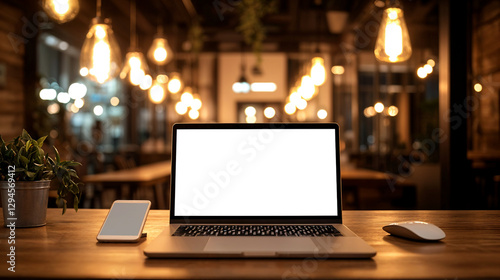 Modern Laptop with Blank White Screen on Wooden Table in Cozy Workspace photo